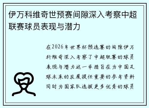 伊万科维奇世预赛间隙深入考察中超联赛球员表现与潜力