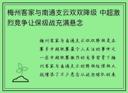 梅州客家与南通支云双双降级 中超激烈竞争让保级战充满悬念 梅州客家与南通支云双双降级 中超激烈竞争让保级战充满悬念